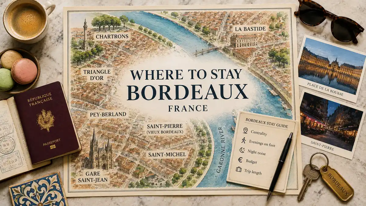 Where to Stay in Bordeaux: Which Quarter to Book 2 Overhead flat lay with an illustrated Bordeaux neighborhood map, passport, macarons, coffee, postcards, room keys, sunglasses, and a stay-planning card.