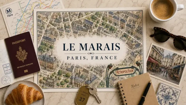 Le Marais travel-planning flat lay with an illustrated Paris neighborhood map, passport, Metro map, coffee, keys, notebook, croissant and sunglasses.