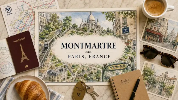 Montmartre travel-planning flat lay with an illustrated hill map, passport, Metro map, coffee, keys, notebook and croissant.