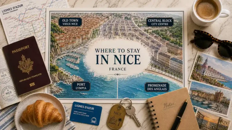 Nice accommodation planning flat lay with an illustrated map of Vieux Nice, the central block, Port Lympia and the Promenade des Anglais, plus travel props.