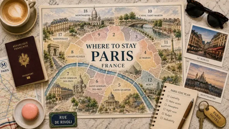 Overhead flat lay with an illustrated Paris arrondissement map, French passport, metro map, coffee, macaron, postcards, hotel keys, sunglasses, and a stay-planning notebook.