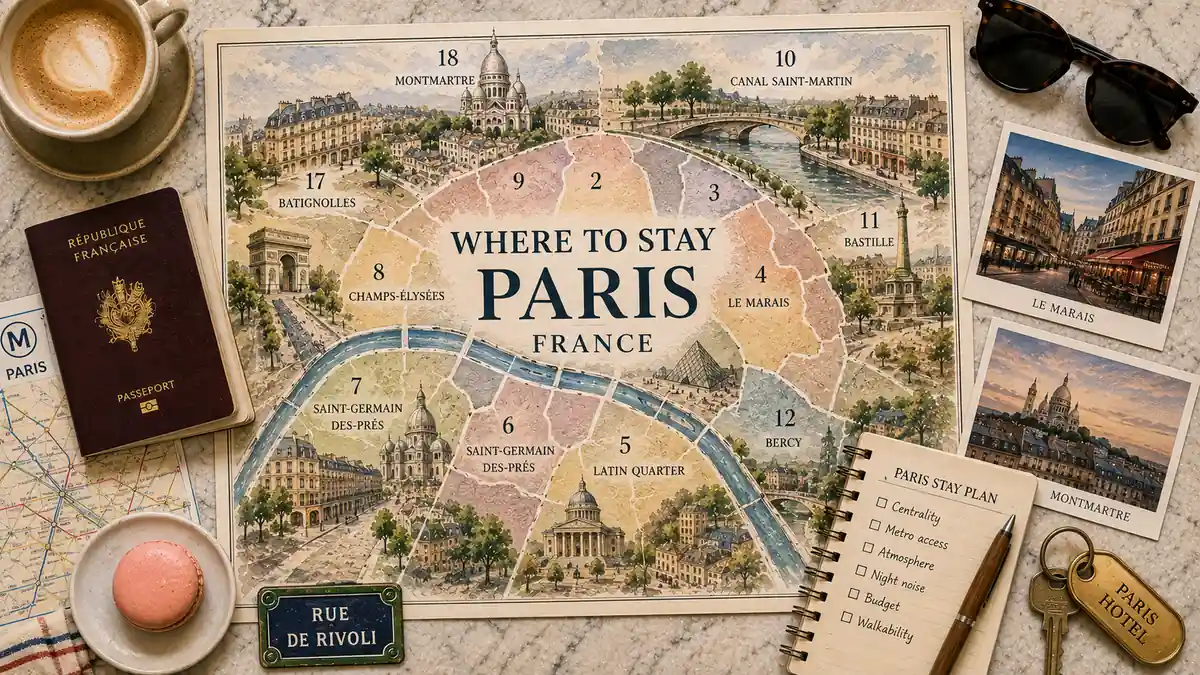 Where to Stay in Paris: Best Areas by Arrondissement 2 Overhead flat lay with an illustrated Paris arrondissement map, French passport, metro map, coffee, macaron, postcards, hotel keys, sunglasses, and a stay-planning notebook.