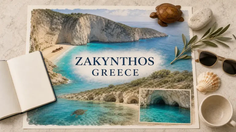 Travel to Zakynthos, Greece: The Ionian's Beach-Resort Headliner 2 Zakynthos travel flat lay with the Navagio cliff cove, blue sea caves and a loggerhead turtle