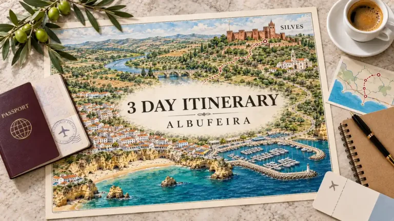 Albufeira 3 Day Itinerary: Day 3 Is Best Spent in Silves 3 Albufeira-to-Silves route map with coastal coves, marina and an inland red castle, framed by a passport and itinerary essentials.