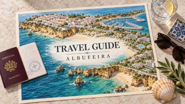 Travel to Albufeira Portugal: Party Town or Family Base? 1 Albufeira map-poster showing whitewashed buildings, a marina and ochre cliff coves, beside a passport, shell, sunglasses, tile and iced drink.
