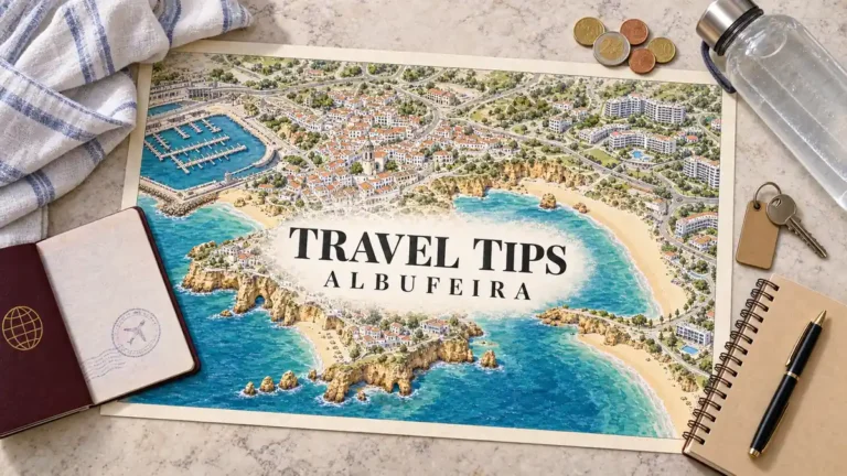 Albufeira coastal map framed by a passport, striped cloth, water bottle, coins, room key, notebook and pen.