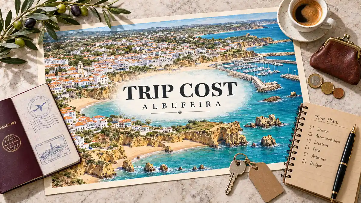 Albufeira Trip Cost: What Actually Moves Your Budget 2 Albufeira coastal map framed by an open passport, trip-planning notebook, pen, key, coin purse, coins, coffee and olive branch.