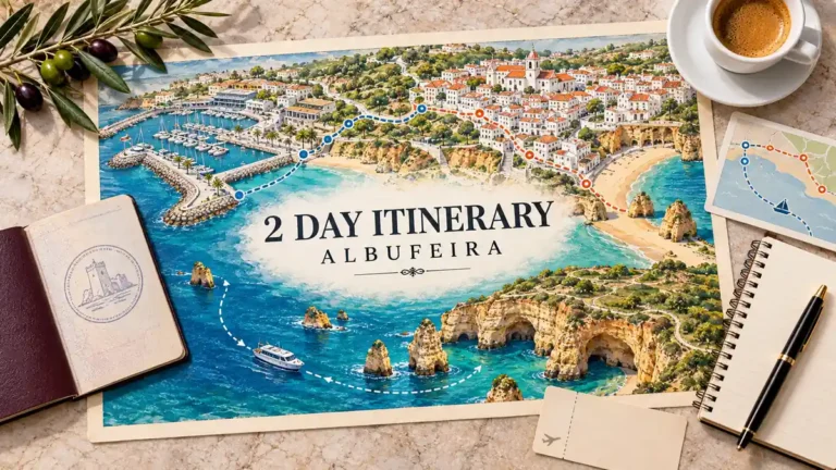 2 Days in Albufeira 2 Albufeira route map linking the Old Town, beaches and Marina with an offshore boat route, beside a passport and planning essentials.