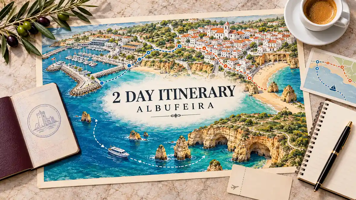 2 Days in Albufeira 2 Albufeira route map linking the Old Town, beaches and Marina with an offshore boat route, beside a passport and planning essentials.