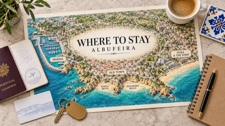 Where to Stay in Albufeira: Choosing Between Its Three Centres 5 Albufeira map showing the Marina, Old Town and Oura beside coastal beaches, framed by a passport, room key and planning essentials.