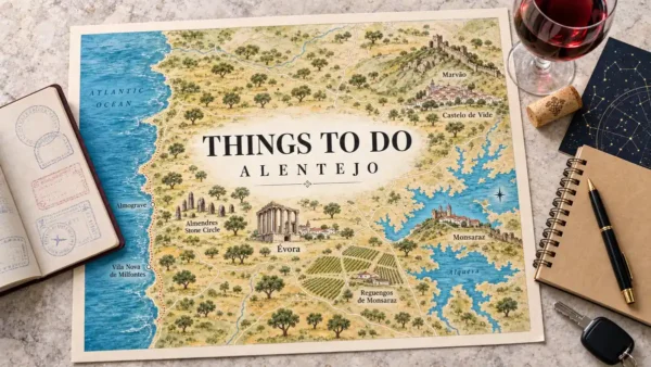 Things to Do in Alentejo: 9 Experiences and Which to Book First 10 Alentejo map showing Evora, Almendres stones, vineyards, hilltop towns and Alqueva lake beside wine, a star chart and planning objects.