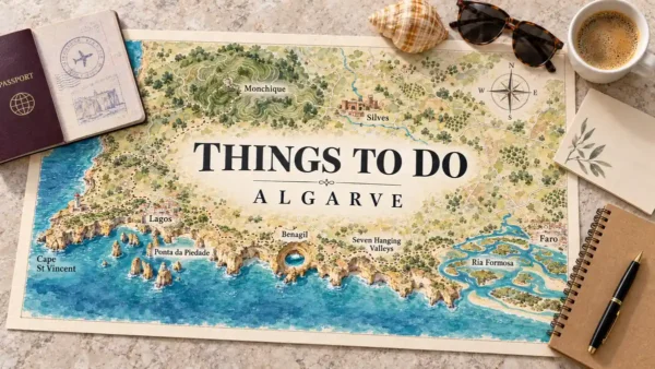 Algarve map showing Benagil, coastal walking routes, Ria Formosa, Silves and Monchique beside a passport and excursion-planning objects.