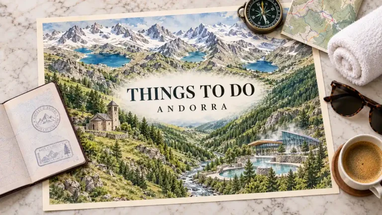 Andorra map with alpine lakes, green valleys, snowy peaks, a stone church and a spa, framed by a passport and outdoor and wellness accessories.