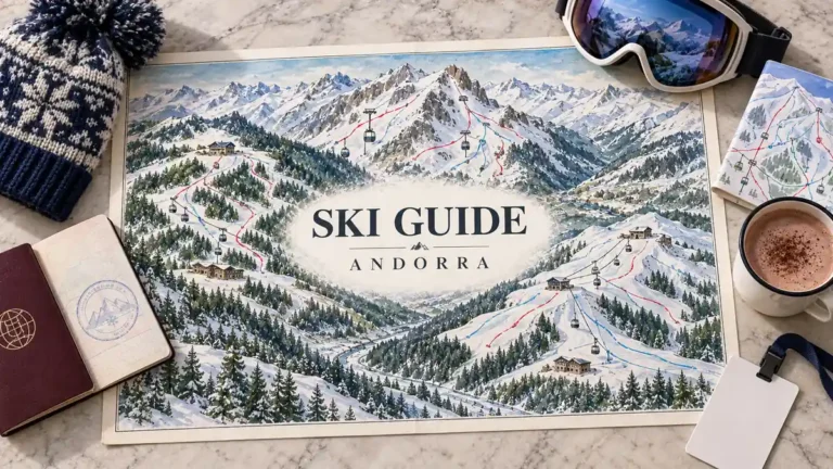 Illustrated Andorra ski map with snowy mountains, forest runs and lift stations, framed by a passport, goggles, piste card, ski pass, hat and hot chocolate.