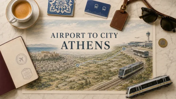 Athens Airport to the City: Every Option, Cost and Time 10 Overhead Athens airport transport flat lay with an illustrated inland route to the Acropolis, metro train, bus, passport and transit objects.