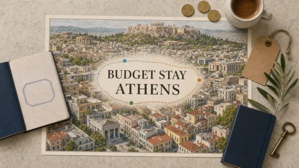 Athens budget stay flat lay with the Acropolis, practical neighborhoods and an unlabeled transit-style route