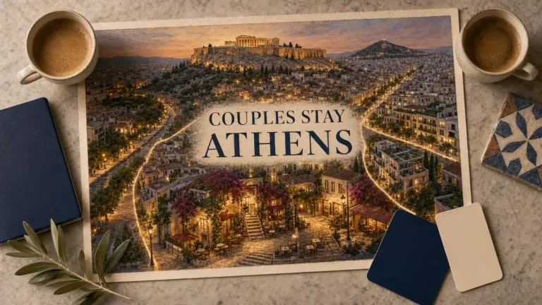 Where to Stay in Athens for Couples: Plaka and 3 Alternatives 4 Romantic evening map of Athens with empty Plaka lanes below the Acropolis and calm alternative areas