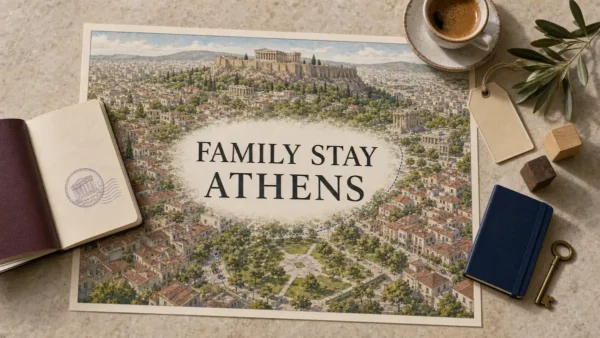 Athens family stay flat lay with the Acropolis, Plaka rooftops, a green square and a simple neighborhood route
