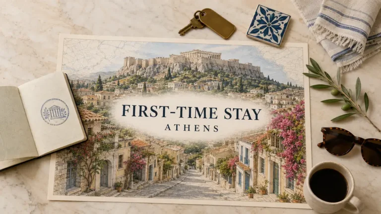 Where to Stay in Athens for First-Time Visitors: Book Plaka 1 Overhead Athens accommodation flat lay with an empty illustrated Plaka street, Acropolis, passport, room key, Greek tile and travel objects.