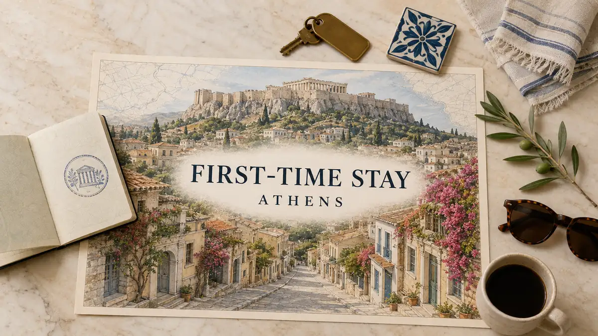 Where to Stay in Athens for First-Time Visitors: Book Plaka 2 Overhead Athens accommodation flat lay with an empty illustrated Plaka street, Acropolis, passport, room key, Greek tile and travel objects.