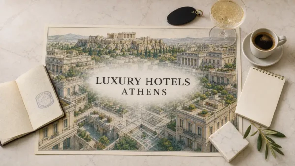 Athens luxury hotels flat lay with neoclassical rooftops, marble terraces and the Acropolis