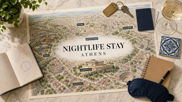 Where to Stay in Athens for Nightlife: Bars, Clubs, and Sleep 5 Athens nightlife stay map with Psyrri, Gazi, Monastiraki, Koukaki and Kolonaki around the Acropolis, framed by travel objects.