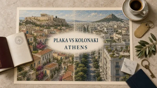 Athens stay comparison flat lay contrasting Plaka rooftops and the Acropolis with elegant Kolonaki streets