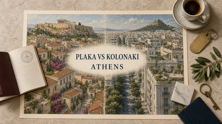 Athens stay comparison flat lay contrasting Plaka rooftops and the Acropolis with elegant Kolonaki streets