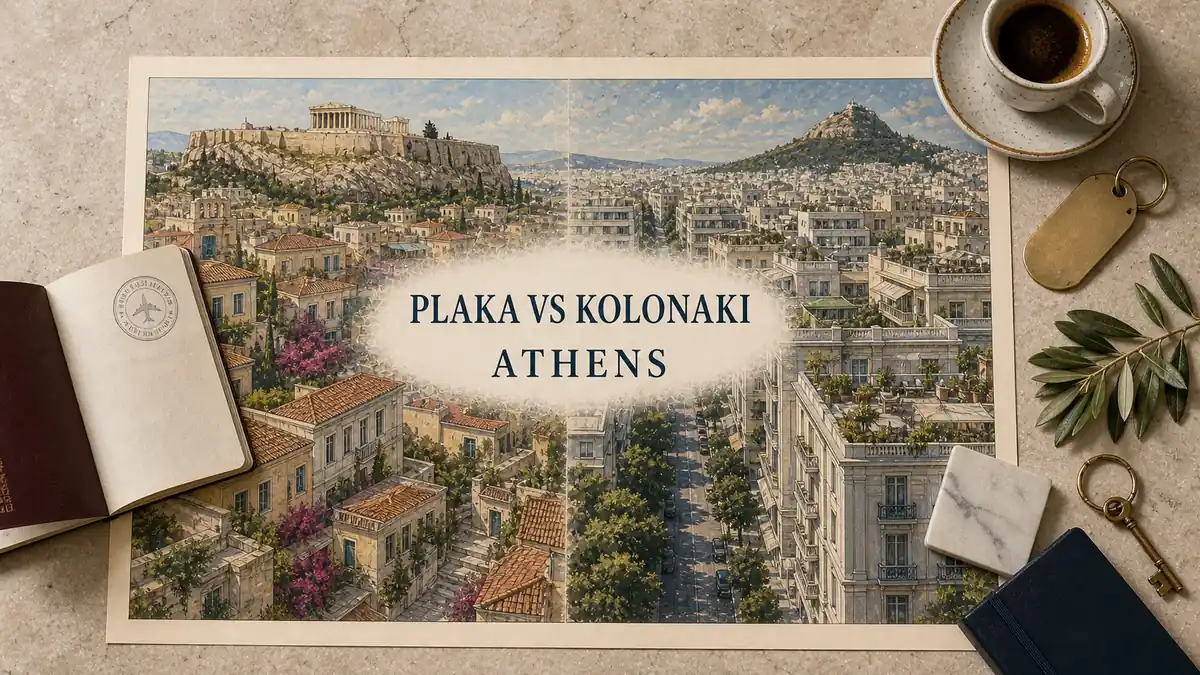 Plaka vs Kolonaki: Where to Stay in Athens 2 Athens stay comparison flat lay contrasting Plaka rooftops and the Acropolis with elegant Kolonaki streets