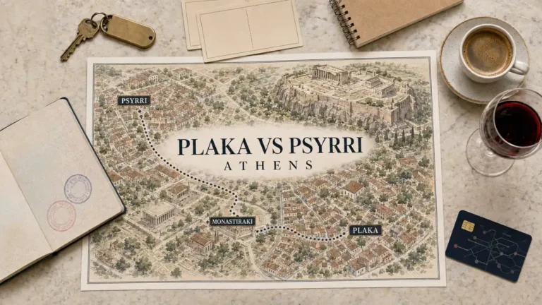 Athens comparison map linking Psyrri, Monastiraki and Plaka beneath the Acropolis, framed by a passport and travel-planning objects.