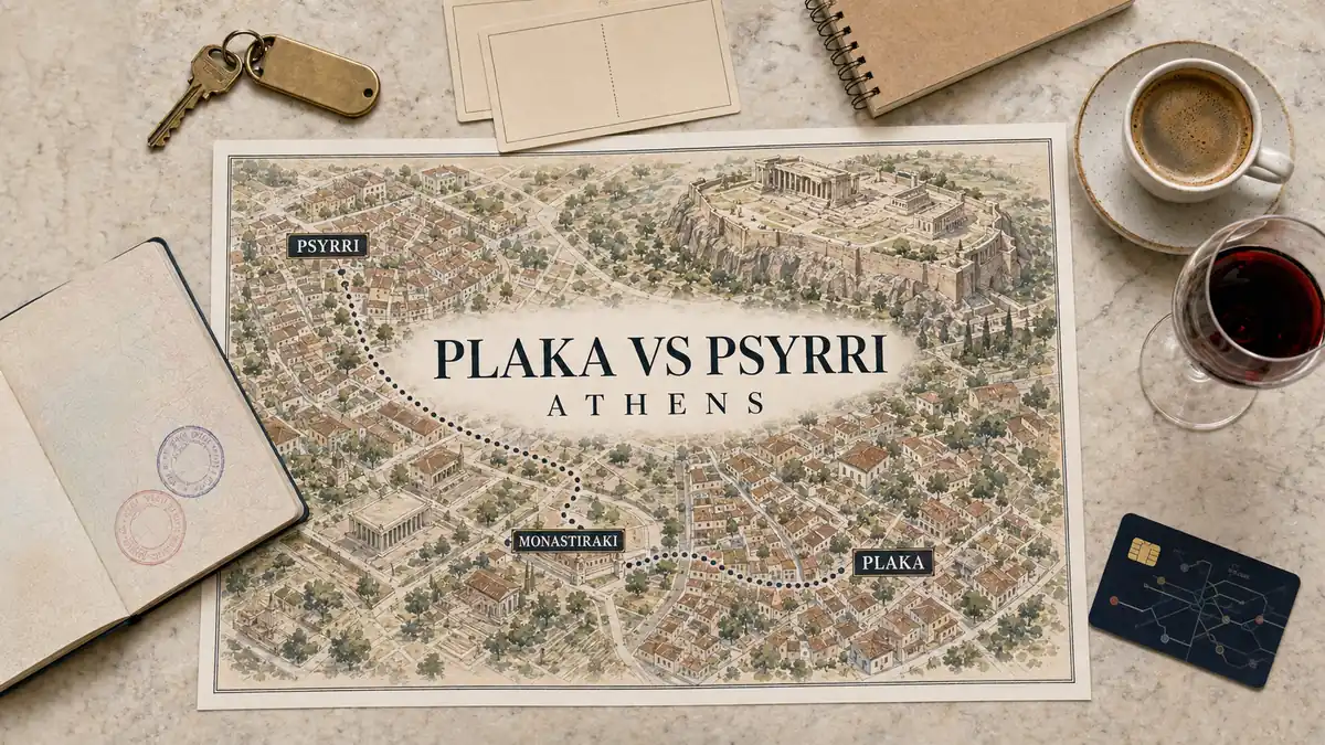 Athens: Plaka vs Psyrri 2 Athens comparison map linking Psyrri, Monastiraki and Plaka beneath the Acropolis, framed by a passport and travel-planning objects.