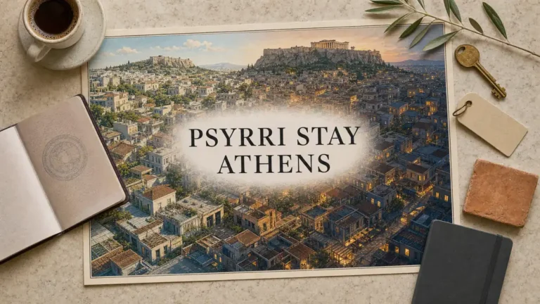 Psyrri Athens stay flat lay with dense rooftops and a gradual shift from morning light to evening glow