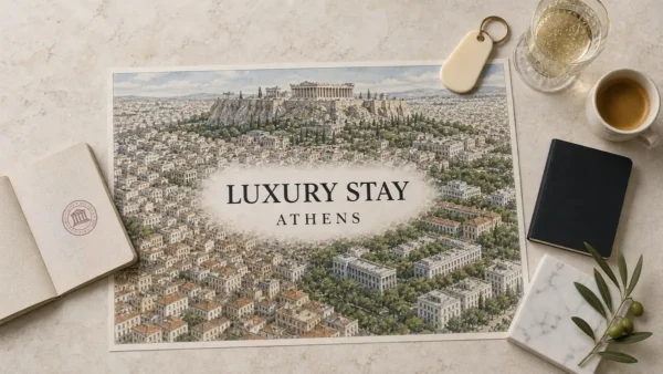 Athens luxury stay flat lay with Acropolis panorama, neoclassical districts and refined travel objects