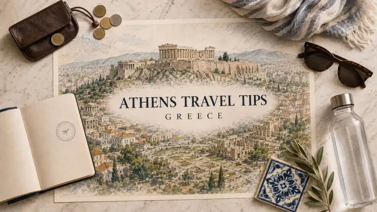 Overhead Athens travel tips flat lay with an illustrated Acropolis map, passport, coins, scarf, sunglasses, water bottle, Greek tile and olive sprig.