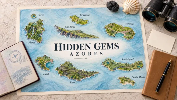 Hidden Gems in the Azores: 8 Places Beyond São Miguel 8 Illustrated map of the nine Azores islands with Corvo's crater, Flores waterfalls and Pico vineyards, beside a passport and travel objects.