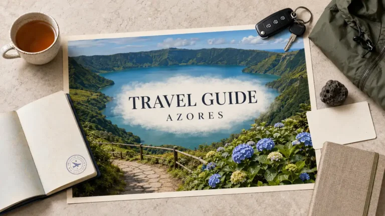 Azores crater-lake poster with green slopes, hydrangeas, passport, car key and travel-planning props.