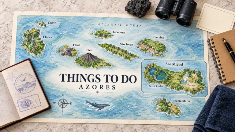 Things to Do in the Azores: 6 Experiences Worth the Trip 6 Azores archipelago map with volcanic islands, a Sao Miguel crater-lake inset and a whale beside binoculars, a towel and planning objects.