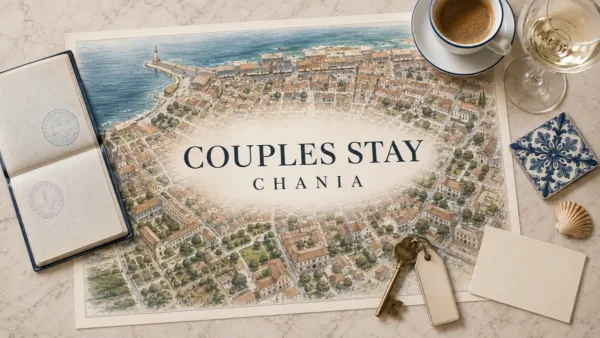 Where to Stay in Chania for Couples: The Street Decides 9 Chania couples stay map with quiet courtyard blocks, narrow lanes and coastal architecture, framed by a passport, key, coffee and wine.