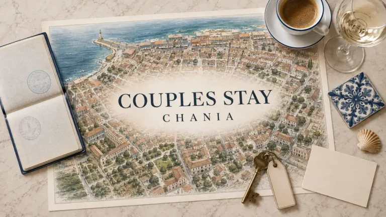 Chania couples stay map with quiet courtyard blocks, narrow lanes and coastal architecture, framed by a passport, key, coffee and wine.