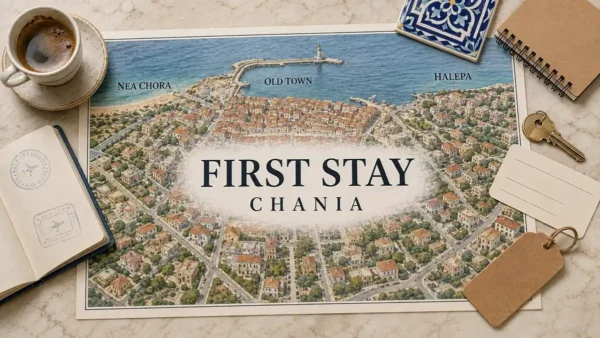 Where to Stay in Chania for First-Time Visitors: Old Town Wins 10 Chania first-stay map connecting Nea Chora, the Old Town harbour and Halepa, framed by a passport and lodging-planning objects.