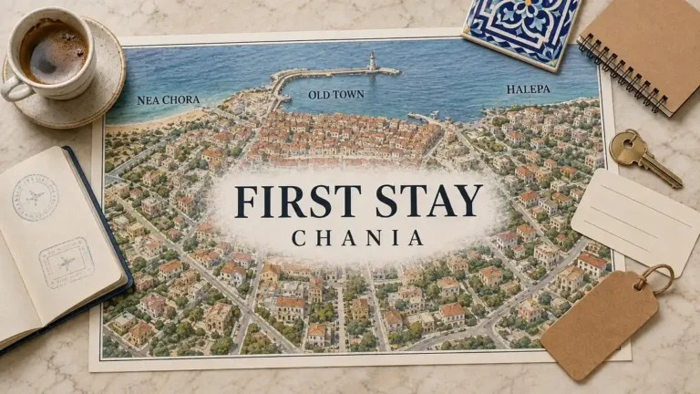 Chania first-stay map connecting Nea Chora, the Old Town harbour and Halepa, framed by a passport and lodging-planning objects.