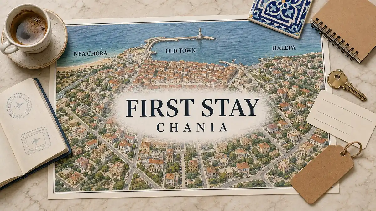 Where to Stay in Chania for First-Time Visitors: Old Town Wins 2 Chania first-stay map connecting Nea Chora, the Old Town harbour and Halepa, framed by a passport and lodging-planning objects.