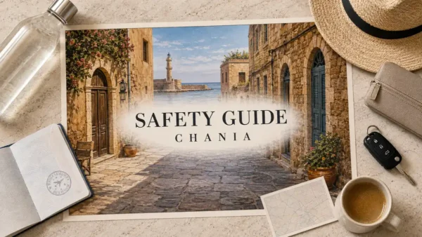 Is Chania Safe? An Honest Chania Safety Guide 15 Chania old-town poster with a harbor lighthouse, passport, water bottle, sunhat and travel pouch.