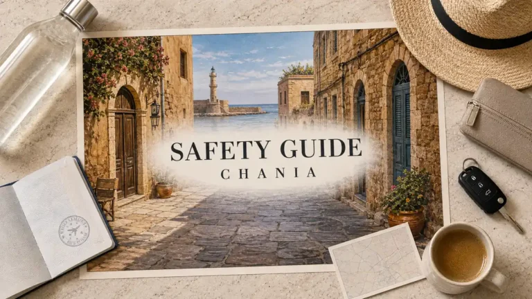 Chania old-town poster with a harbor lighthouse, passport, water bottle, sunhat and travel pouch.