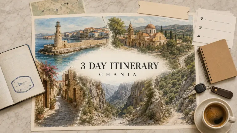 Chania three-day itinerary flat lay with illustrated lighthouse, old-town lane, monastery and gorge, framed by a passport and route-planning props.