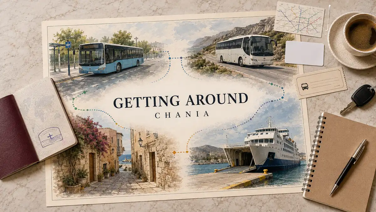 Chania Transport Guide 2 Chania transport flat lay with an illustrated blue city bus, regional coach, old-town lane and ferry, surrounded by tickets, route card and car key.