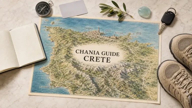 Overhead Chania guide flat lay with an illustrated western Crete map, Venetian Harbour, west-coast beaches and travel objects.