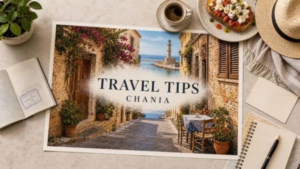Chania Tips: What to Know Before You Go 10 Chania travel-tips flat lay with an illustrated stone lane, empty taverna table and harbor lighthouse, framed by coffee, dakos and travel props.