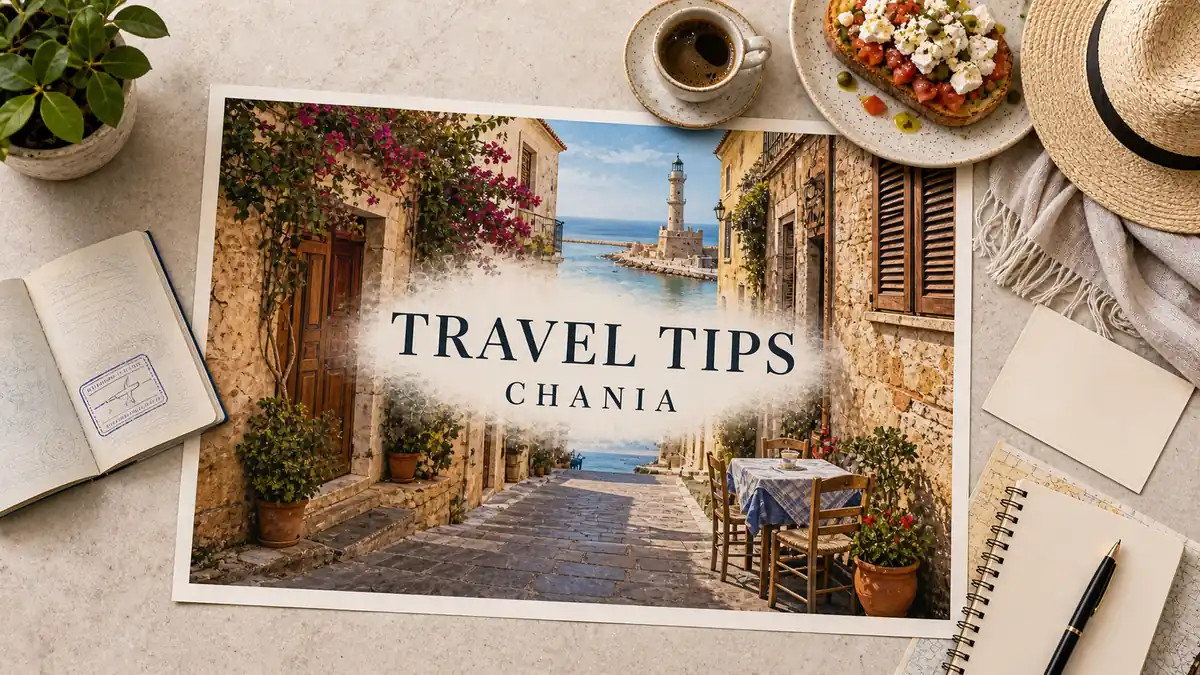 Chania Tips: What to Know Before You Go 2 Chania travel-tips flat lay with an illustrated stone lane, empty taverna table and harbor lighthouse, framed by coffee, dakos and travel props.