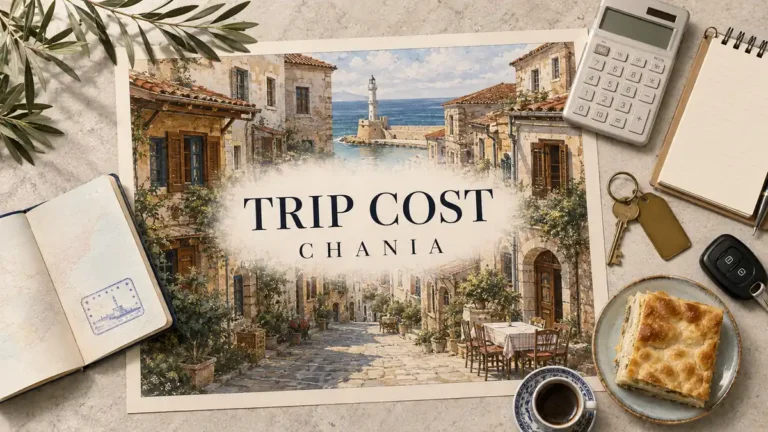 Chania trip-cost flat lay with an illustrated old-town lane and lighthouse, calculator, notebook, room and car keys, coffee and cheese pie.